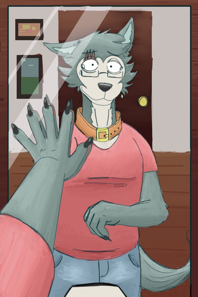 I press a paw up to the glass of the mirror. My reflection stares back, a gray wolf, scars over it's right eye, wearing glasses and an orange collar. Tears are falling down it's face. Yet it smiles, knowing that I finally see my true self after all these years.