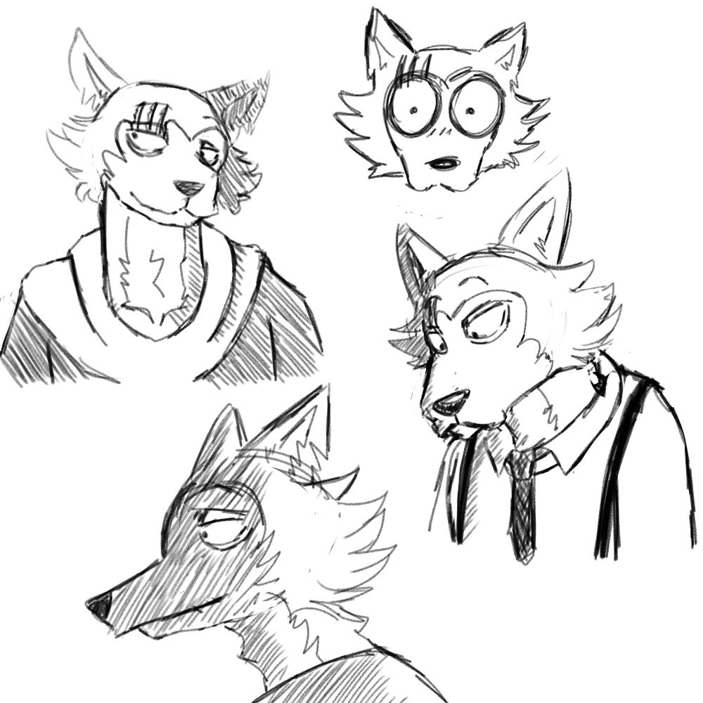 Various doodles of legoshi from different angles, and one silly one of his shocked face