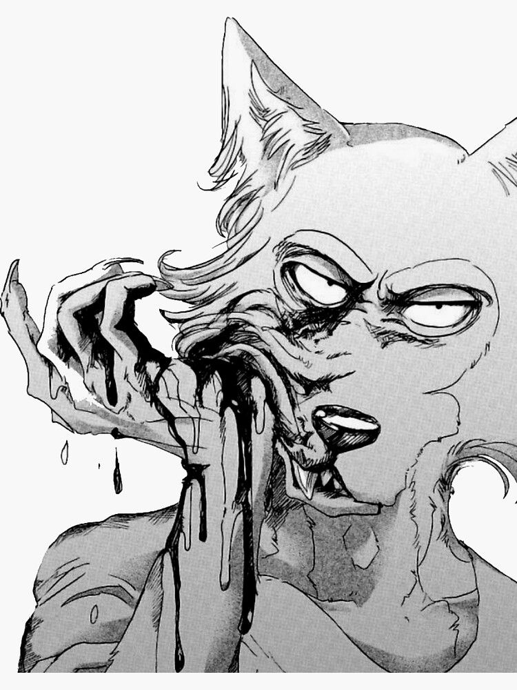Original panel by Paru Itagaki. Legoshi wipes paint on his face, with a deadly look in his eyes, one of his fangs showing.