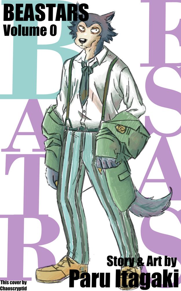 A mock Beastars cover, Legoshi is taking off his jacket. It's labeled Volume 0, as a nod to it being an unofficial recreation.