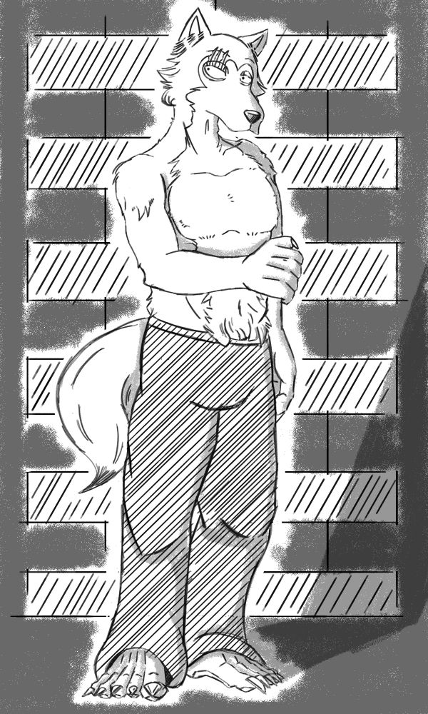 Legoshi standing near a wall, holding his arm. He's wearing nothing but some sweatpants, and looking a bit bashful.