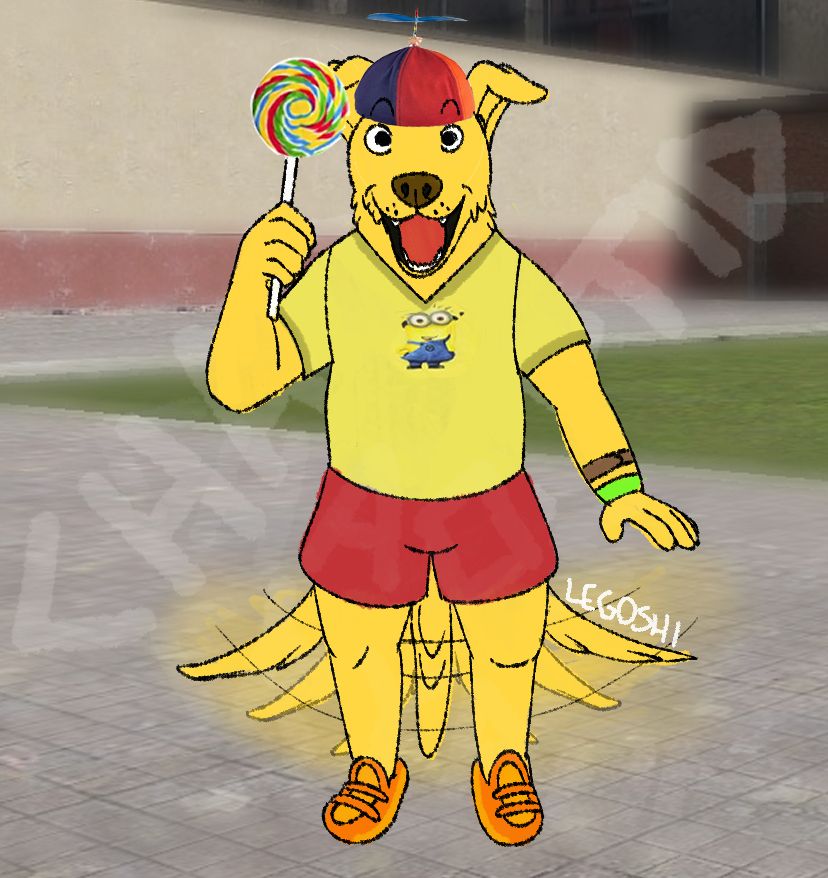 Mr Peanutbutter from Bojack Horseman, dressed up like the silly dog, holding a rainbow lollipop and wearing a propeller hat.
