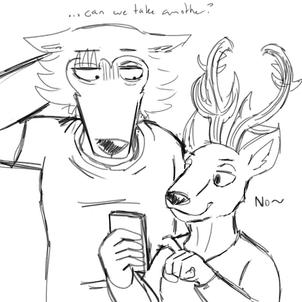 Legoshi looks bashful, asking "..can we take another?"
Louis is posting the picture on social media, a smug look on his face as he says "No~"