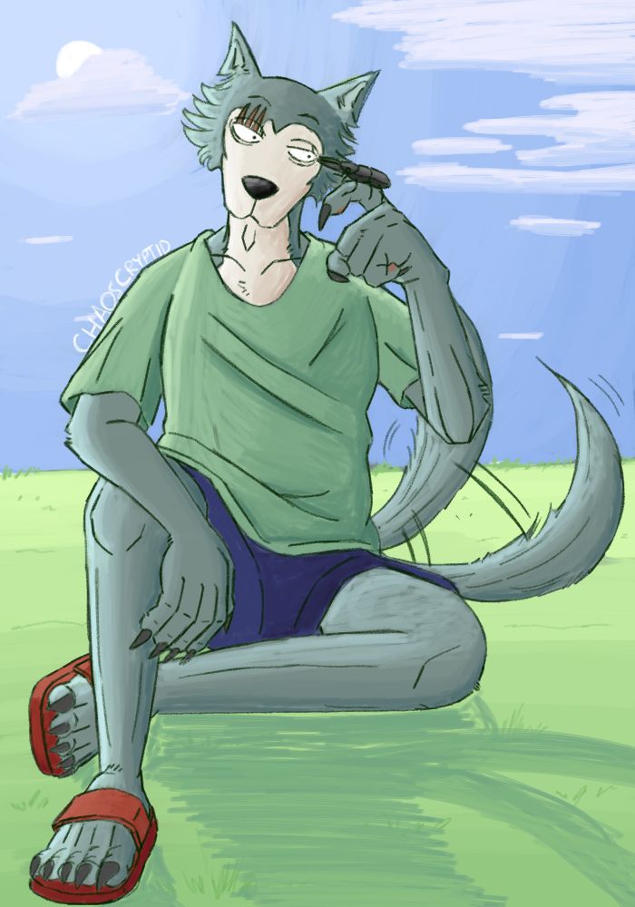 Legoshi sitting in a relaxed pose on a hill, looking at a beetle on his finger. His tail is wagging.