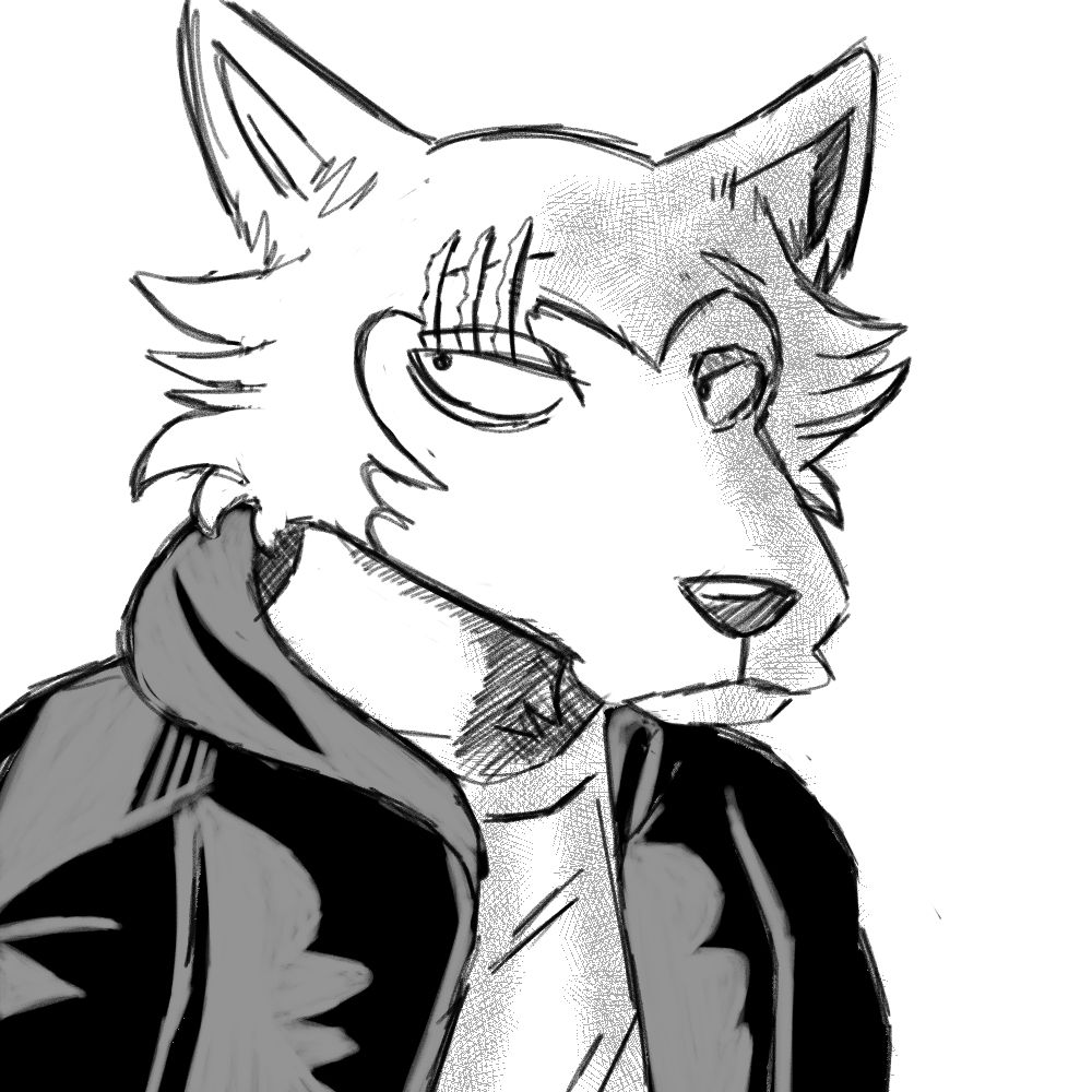 Legoshi wearing a hoodie, looking off to the side.