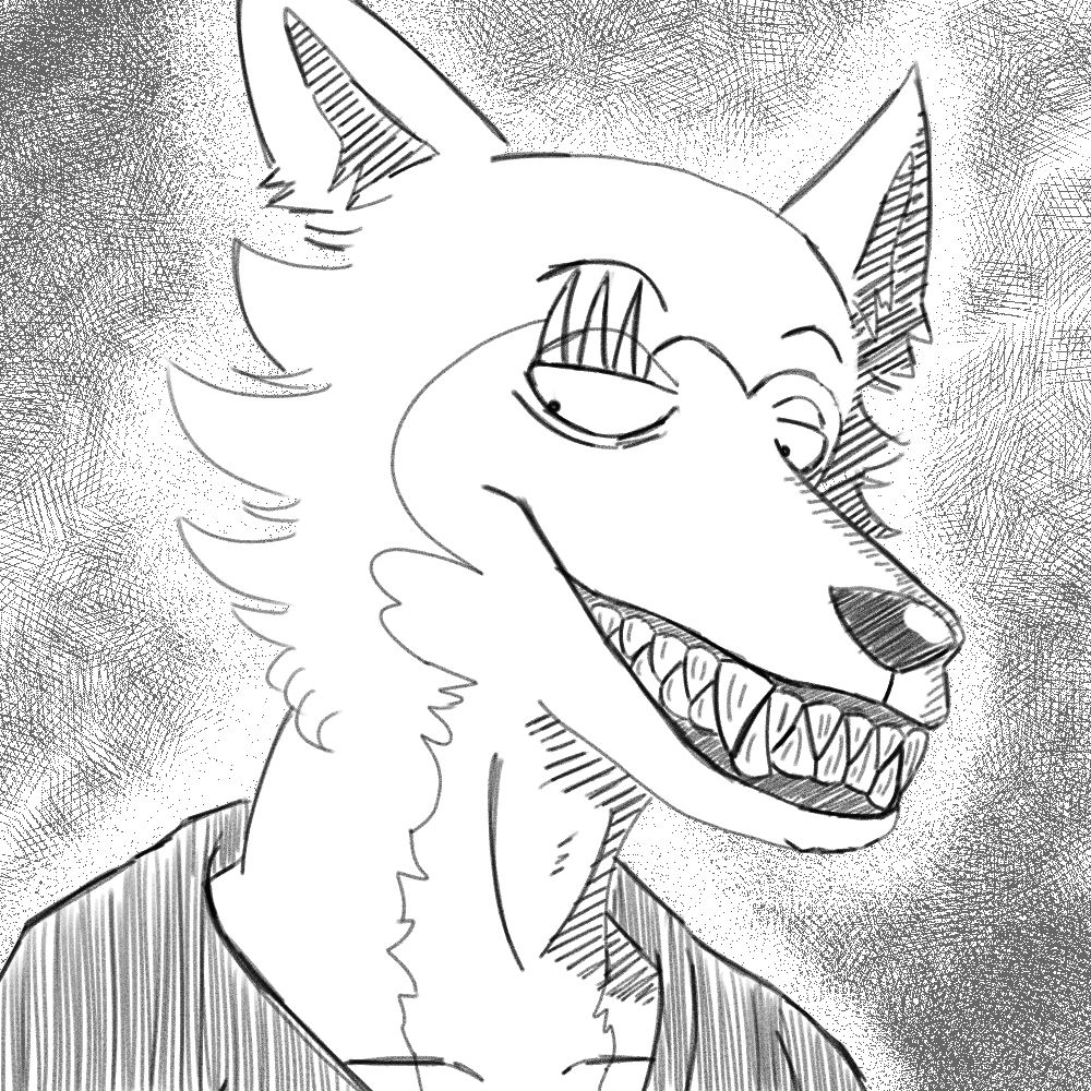 Legoshi smiling, baring his fangs at the camera