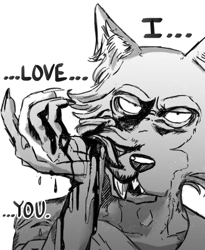 My study of the panel. Legoshi wipes paint on his face with a deadly look in his eyes. He says "I... ...LOVE... ...YOU."