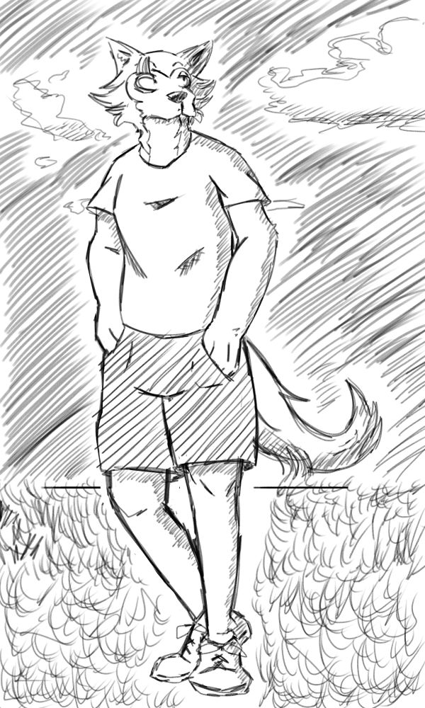 Legoshi in a field, looking off into the sky, his hands in his pockets.