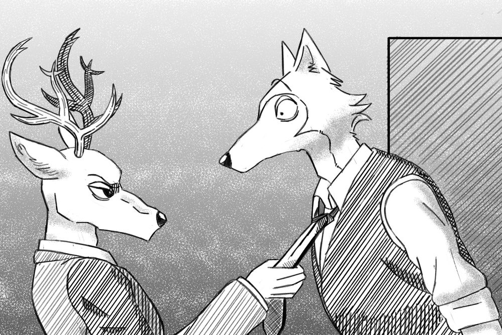 Louis pulling on Legoshi's tie. Louis looks serious, while Legoshi looks surprised.