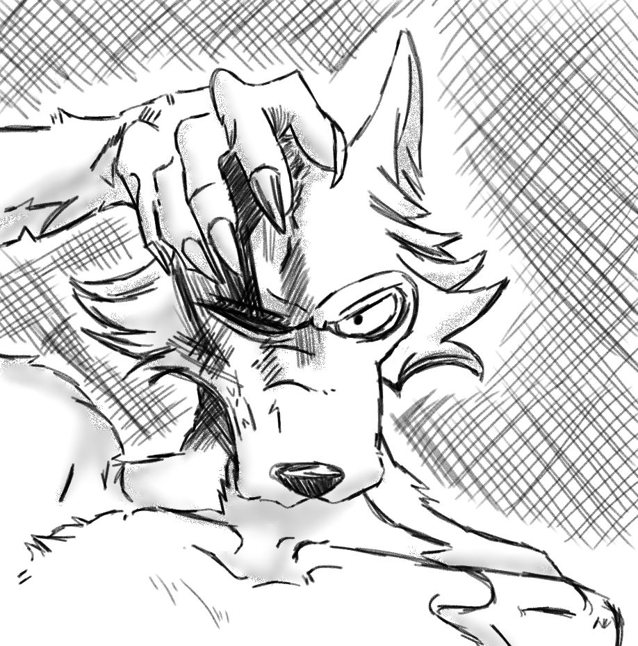 Study of a panel of Legoshi after a fight holding his wounds, with a serious look.