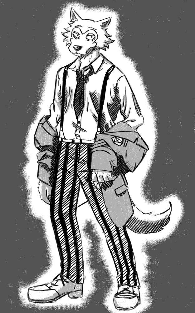 Manga style drawing of Legoshi, taking off his jacket.