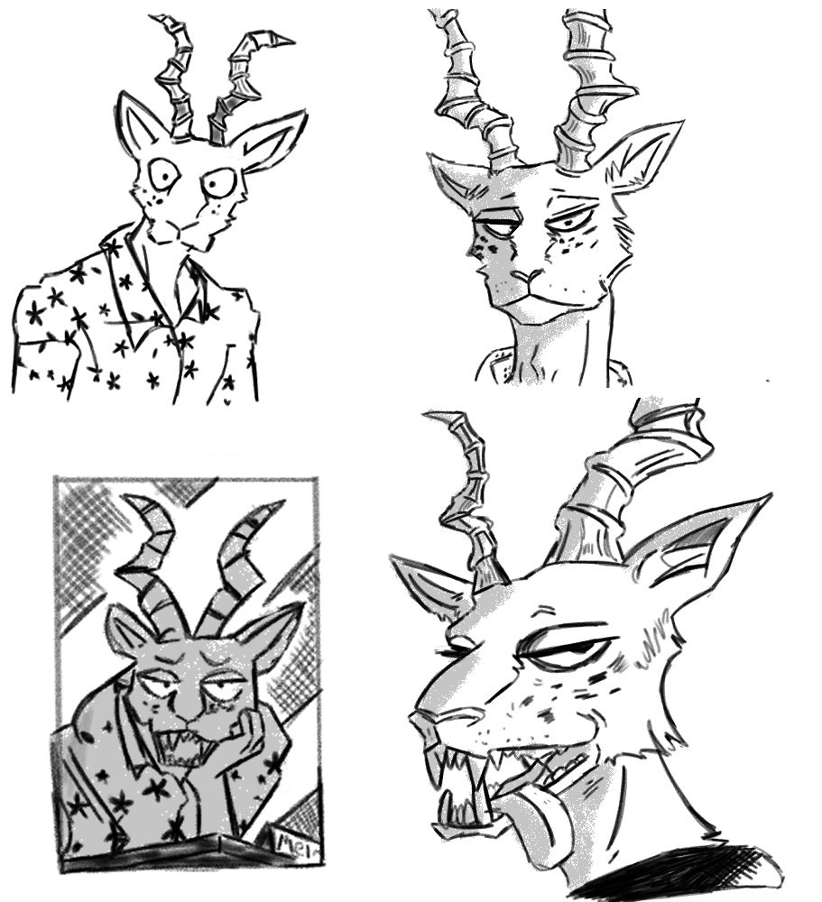 4 Melon studies
Left to right, top to bottom
Melon looking shocked
Melon looking at the viewer
Melon with his head on his wrist
Melon with his tongue out