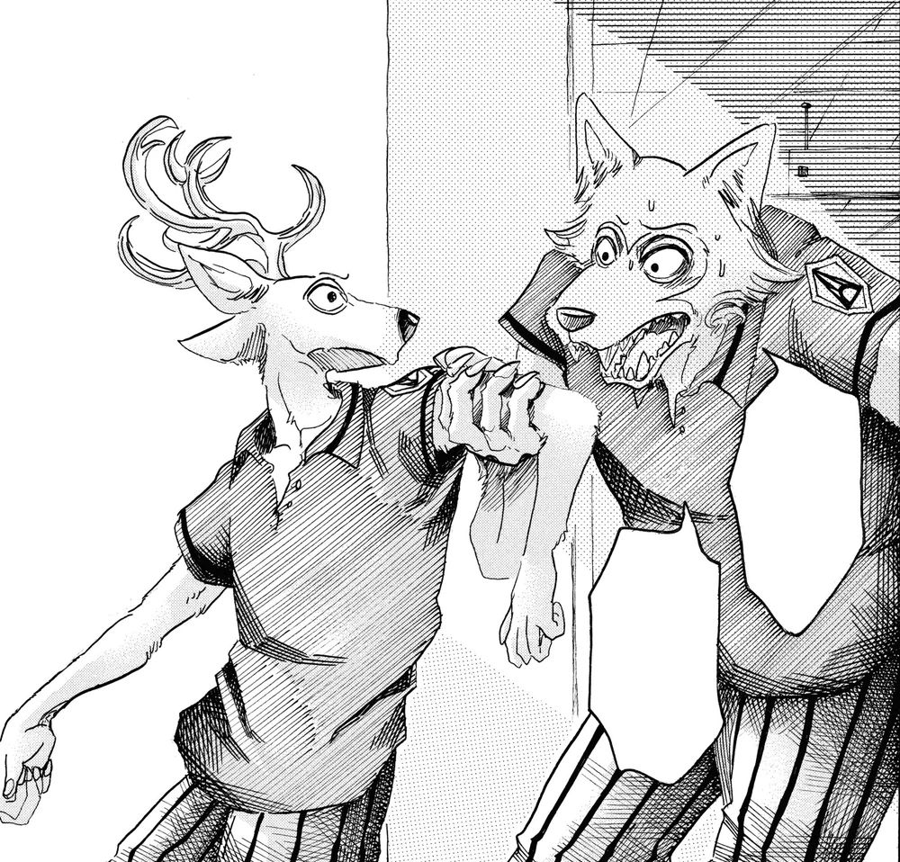 The original manga panel of Louis being grabbed by Legoshi.