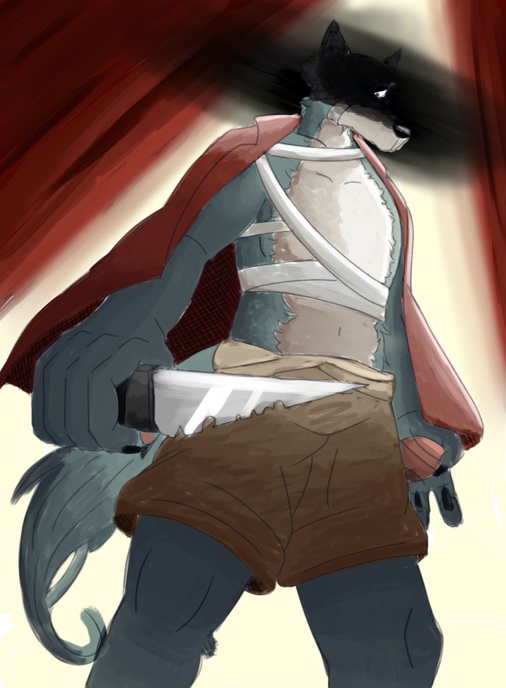 Painted picture of Legoshi menacingly looking down at the viewer. A dark cloud covers his face despite the bright spotlight behind him.