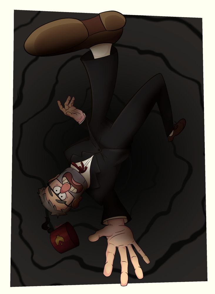 Drawing of Stan Pines from Gravity falls flailing towards the viewer in mid free fall, but more rendered.