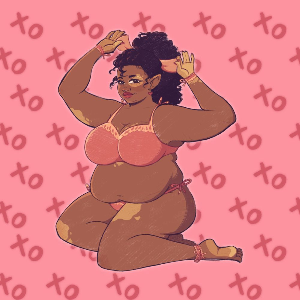 Duck’s original character Gabi in a kneeling position tightening a bow in her hair. She is wearing a pink bikini. 