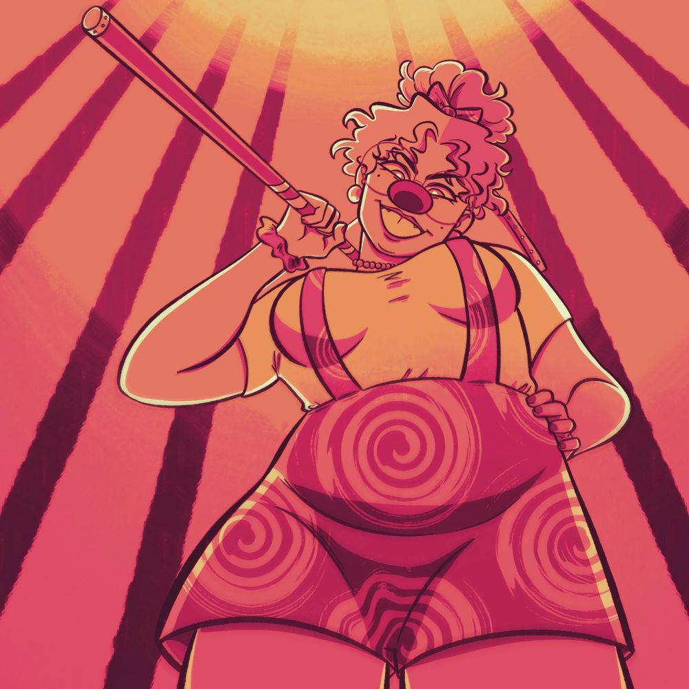 Pink clown girl looking down at you, prepared to bonk.