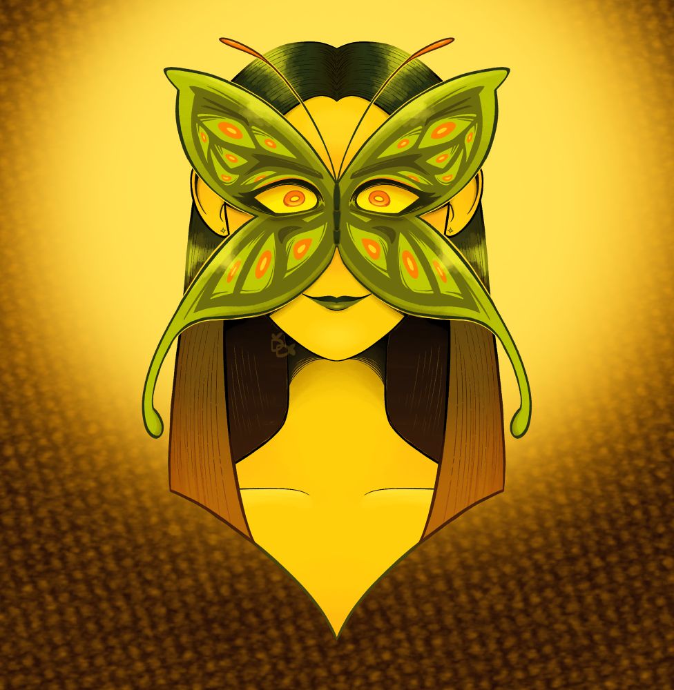 A woman with long straight hair and a butterfly mask. She is colored in yellow, green, and orange.