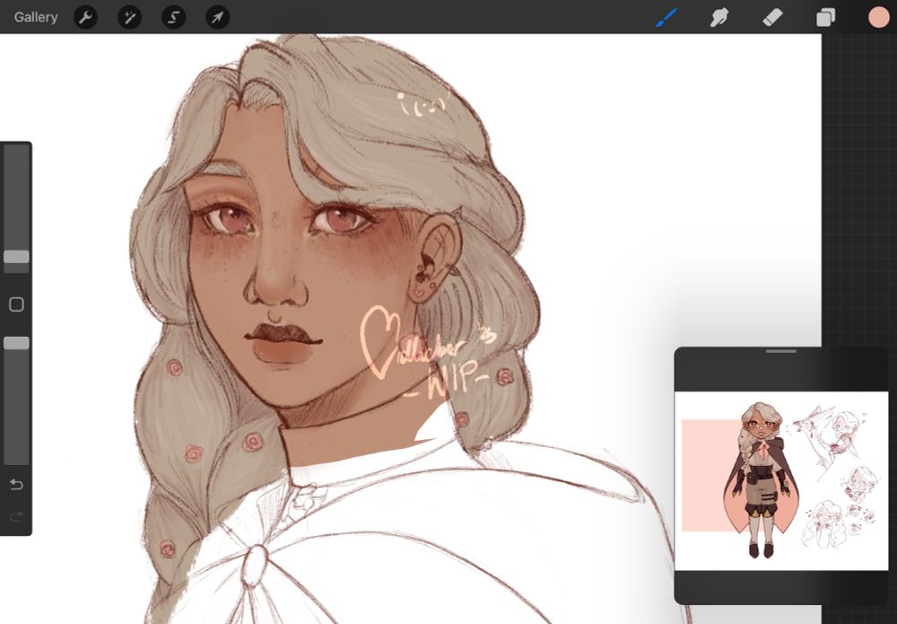 Sketched and partially coloured in headshot of my original character Fjóla. A light brown skinned woman with pink eyes and grey hair, put together in a braid with little pink flowers in them. In the corner is a reference of hers as well.