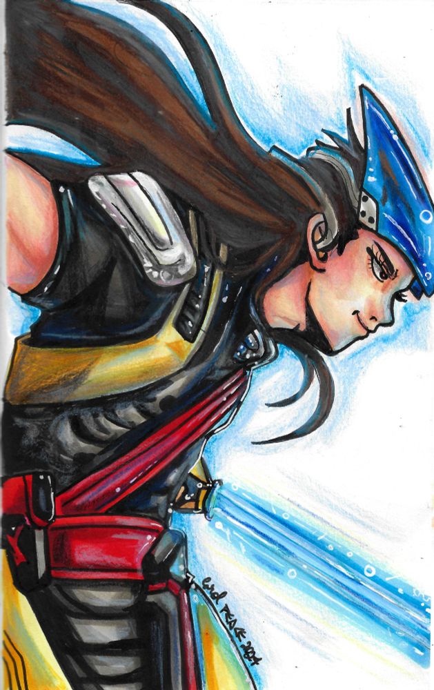 Aleph, from Shin Megami Tensei II. He is a young man wearing a black, yellow and red armor. He has long brown hair. He is holding a blue energy sword and wearing blue googles on top of his head. There is a blue light around him.