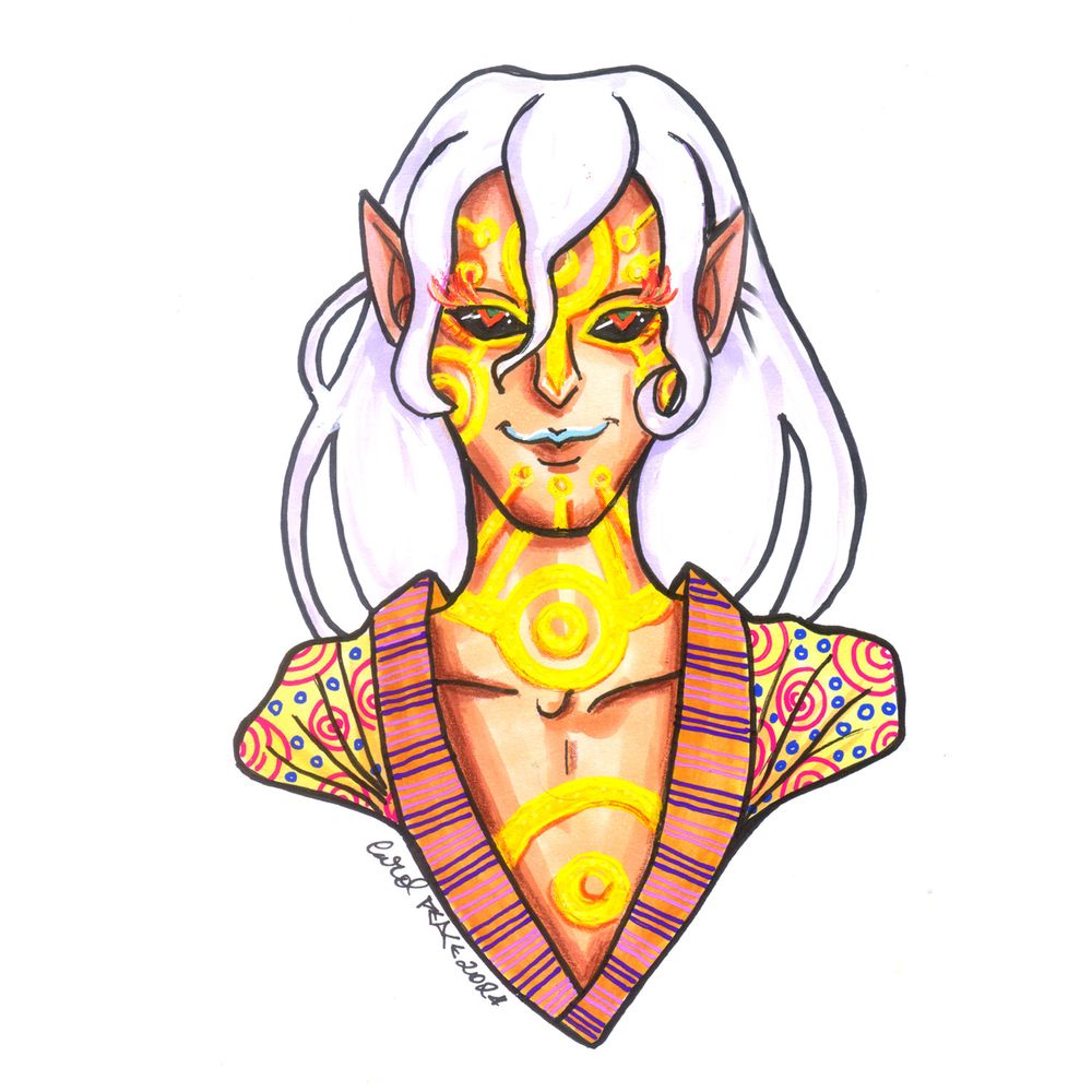 The Dark version of the Medicine Seller (Kusuriuri - 薬売り) from Mononoke. He has a very volumous white hair, pale sking full of yellow marks and striking orange eyes with black scleras.