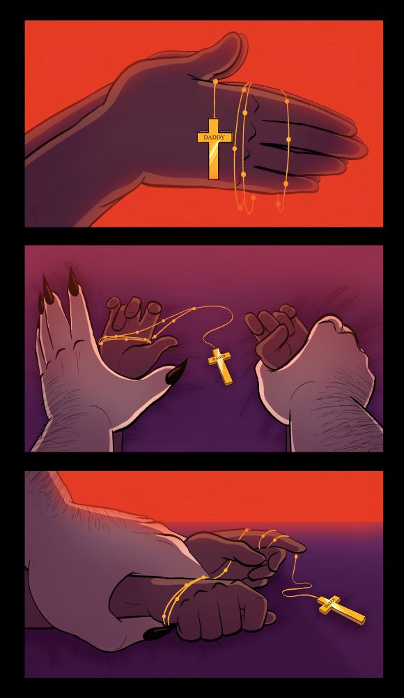 There’s three pictures:
1. A priests hands praying while wrapped in a rosary. The cross on it has the word “daddy” engraved on it.
2. The priest’s hands are now being pinned down on a mattress by large demon hands as if the priest is on his back. The rosary is still wrapped around a hand.
3. The priest’s hand are flipped now as if he is on his stomach. They are being pinned down by one large demon hand holding both of them. The rosary is wrapped around both hands.
