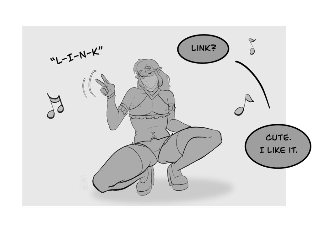 Link signs his name as he crouches down, still dancing sexily.
Ganondorf says “Link? Cute. I like it.”