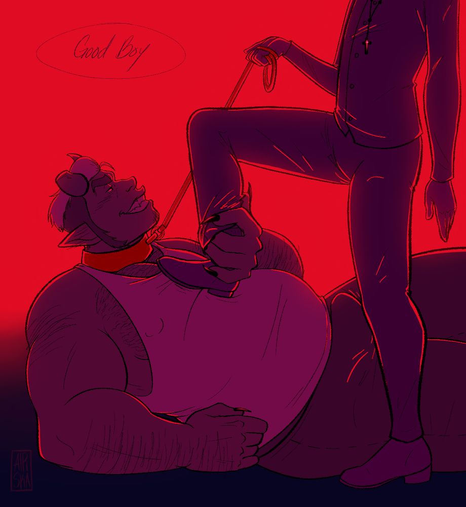 A large demon man is laying on his back, propped up by his elbow. He is leashed and hard. A small priest man is standing above him, one foot pressed down on the demons thick chest while the priest’s hand holds the leash.