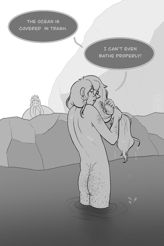 He sees a man (Fujimoto) bathing himself and complaining about the pollution in the ocean.