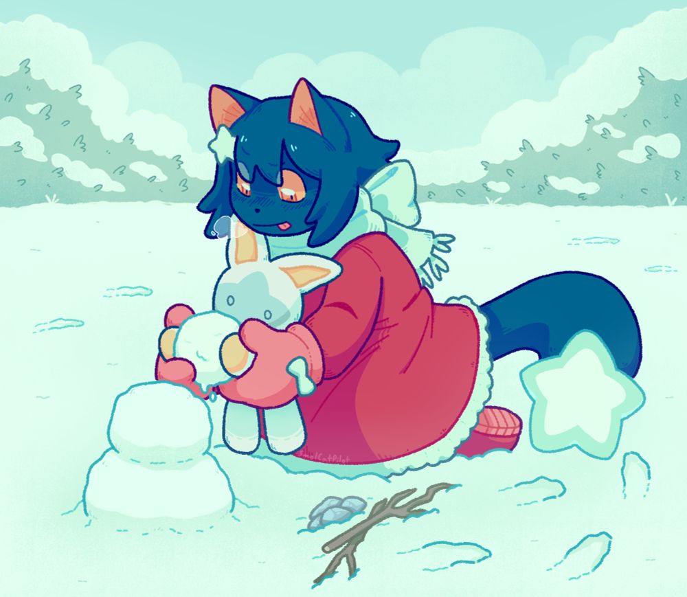 Mars, who is dressed warmly, is outside in the snow building a small snowman with their plush doll Menya. They are holding Menya in such a way that it looks like that Menya is the one placing the head onto the mini snowman.