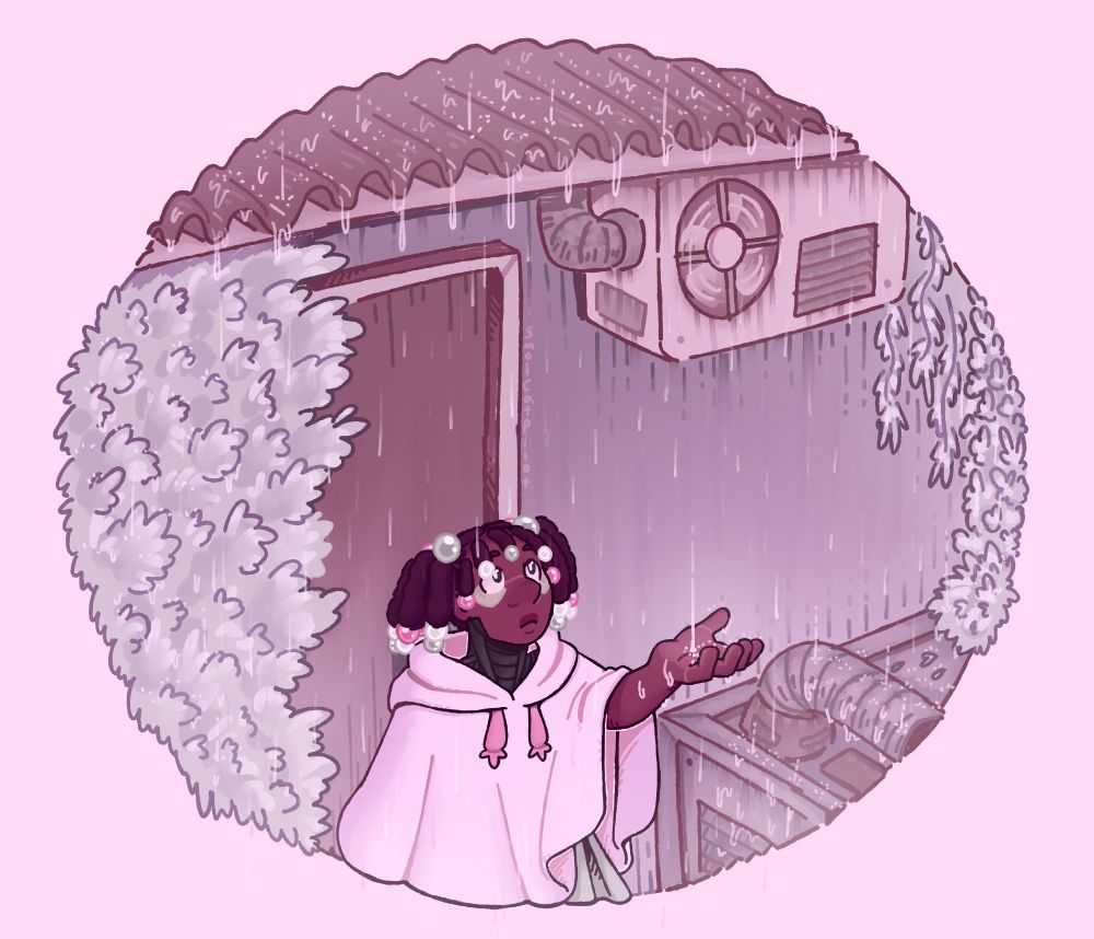 A child android stares up at the rain coming down as she stands by a door underneath a overhang, her left hand is held out to catch a droplet. On both sides are some plants growing big enough to reach the bottom of the overhang. The is also a air conditioner on the wall and a machine on the ground. The entire piece is colored in shades of pink. 