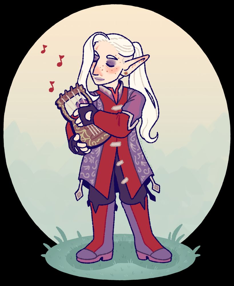 A fancifully, yet practical, dress albino drow plays their lute with web-like etchings on it. He has a relaxed smile as he plays.