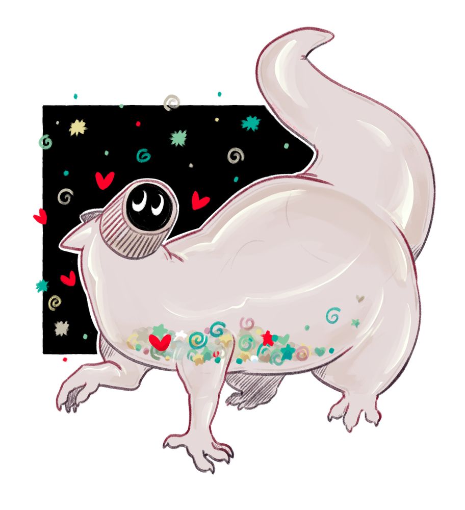 A fat dragonfied waterbottle. The cap on it's head covers it's face, which appears as a pair of cartoony eyes. The body is a cream transparent color that shows various simple shapes floating inside. These shapes are also on the black square background behind it.