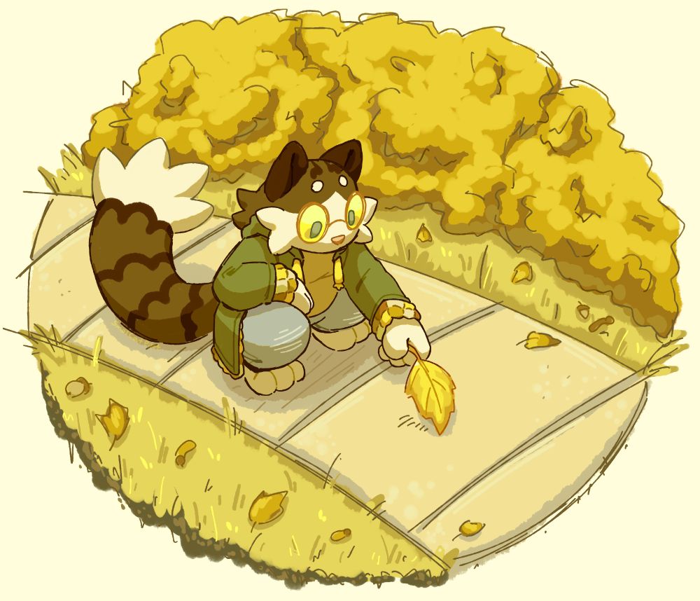 The background is of a sidewalk going through some grass and a few bushes, with some leaves and acorns on the ground. Off center is a cat furry, clothed for autumn, crouching down to pick up on of the leaves. The entire picture is colored in shades of yellow.