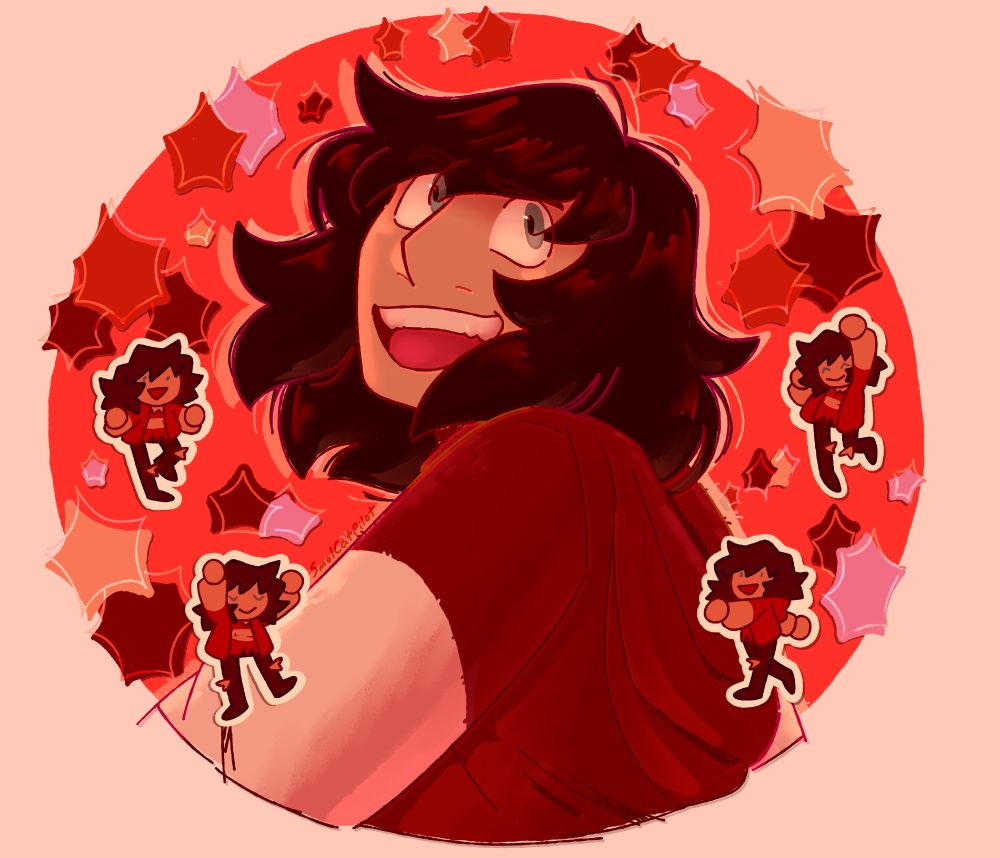 A portrait of Ann, my oc, looking over their shoulder mid twirl with a cocky expression. There are four chibis of him, two on each side of him, in different dance poses with off-white outlines making them look like stickers. The background has abstract shapes that look vaguely like stars or explosions. The entire piece is colored red.