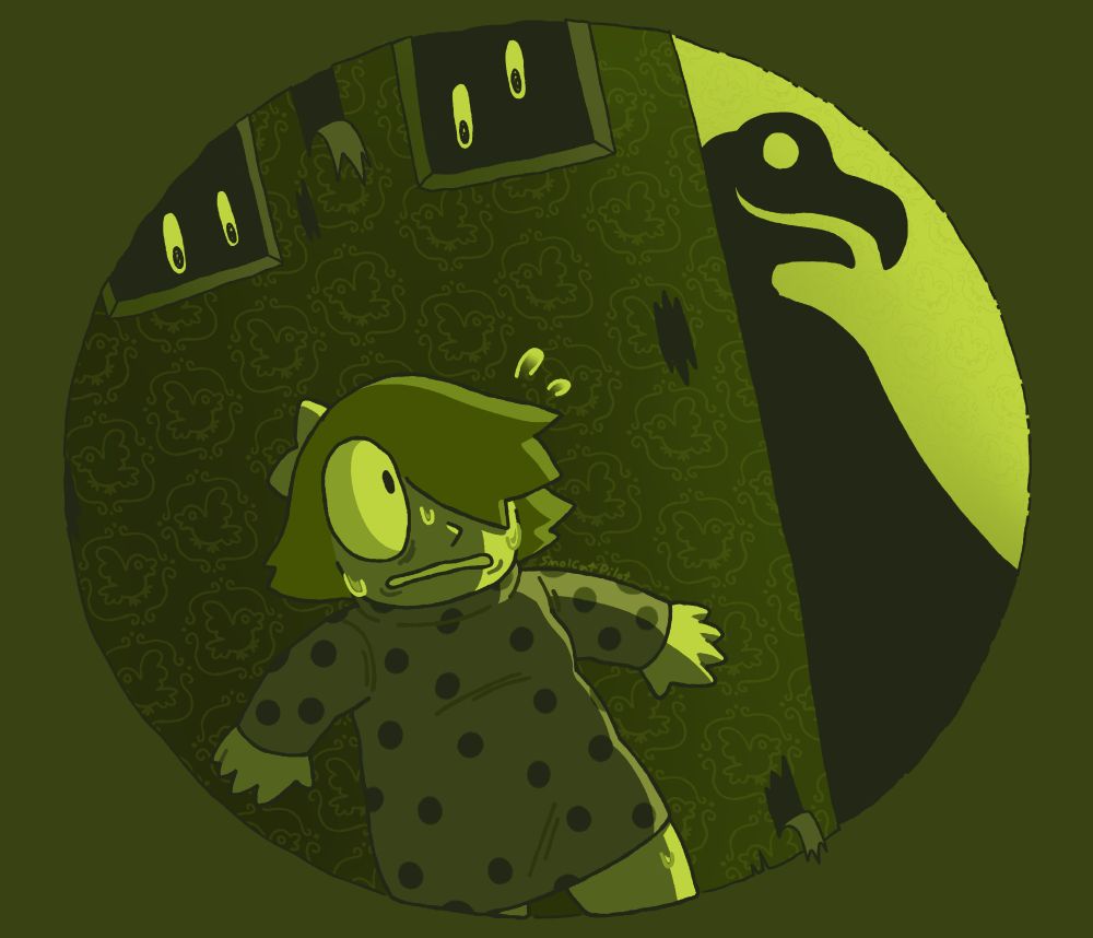 Hiding behind a wall with peeling wallpaper is BB, from Anthology of the Killer. She has a panicked expression and is sweating nervously as she watches to make sure she isn't found. Behind the corner is the looming shadow of The Killer. The entire piece is colored in shades of lime green.