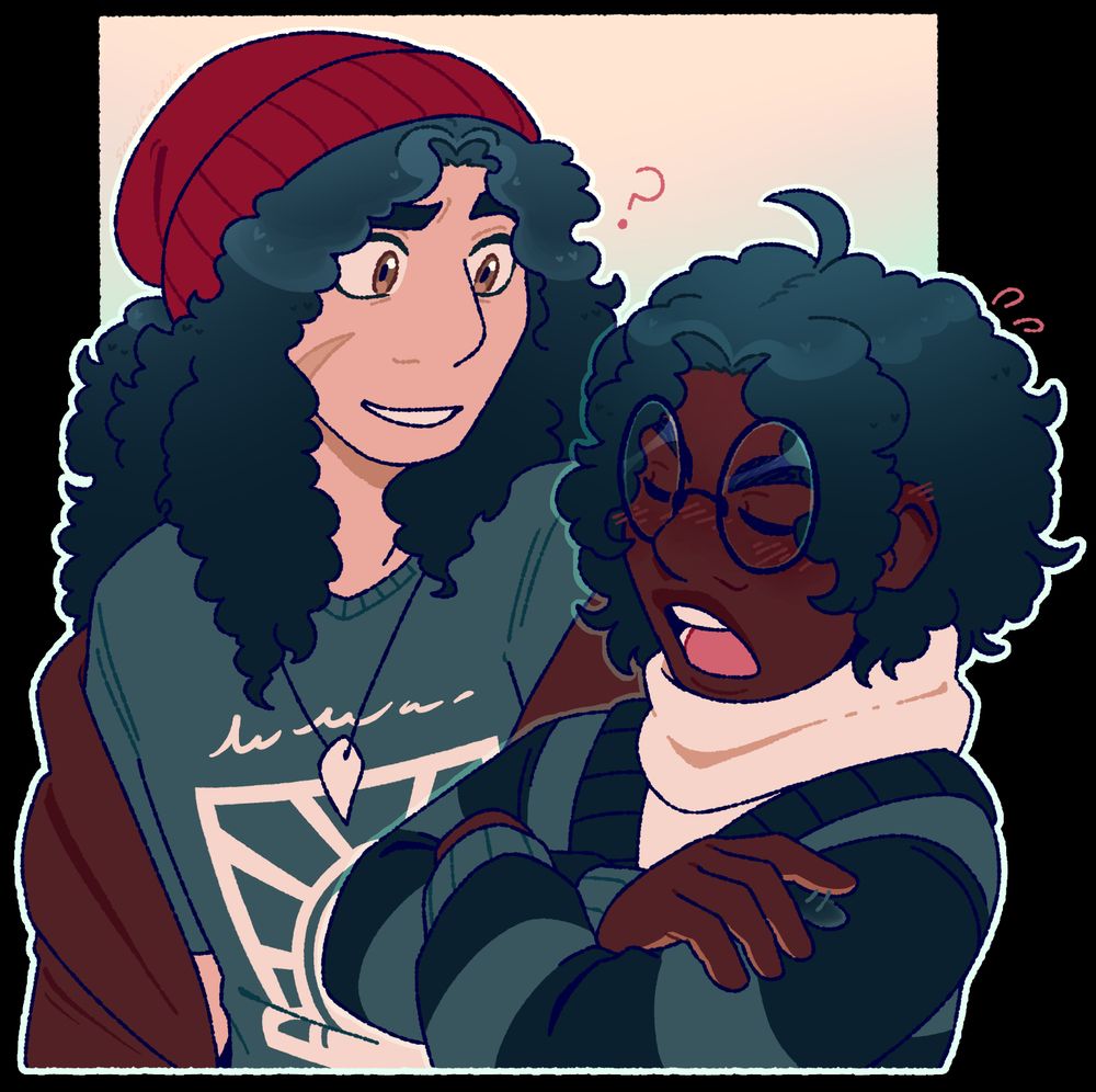 Noah, the blushing teen with a turtleneck, looks like he is flusteredly protesting something in response to something Abe, the other teen who's wearing a beanie, had said. all while Abe is look at Noah with a confused smile on his face.