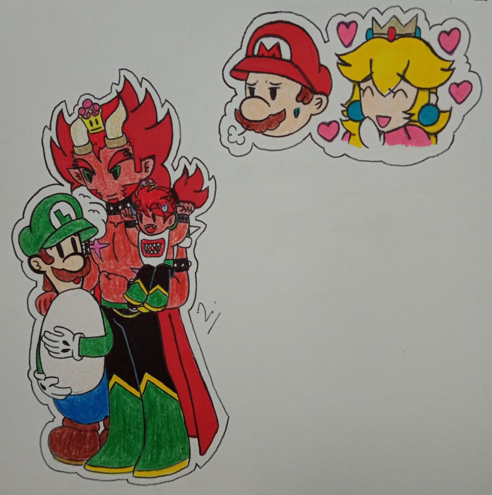Paper Luigi, UntoldSoup's version of Paper Human Bowser and Jr with an egg sent from the stork containing 2 future surprises. Paper Mario and Peach watch on, one still getting used to Bowser being Luigi's husband and the other being happy for them.