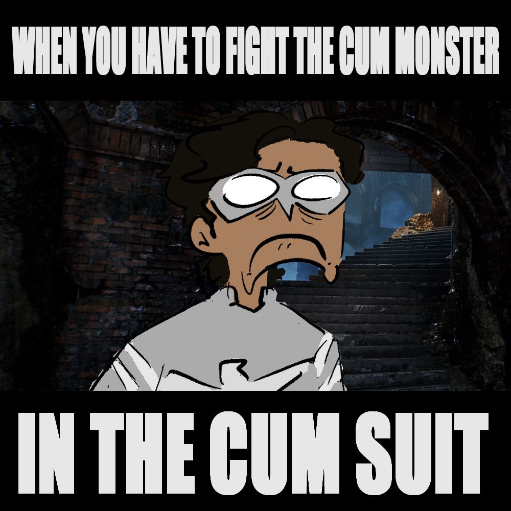 Nightwing in a white suit in the sewers from Gotham Knights (2022) , impact font text stating “WHEN YOU HAVE TO FIGHT THE CUM MONSTER IN THE CUM SUIT”