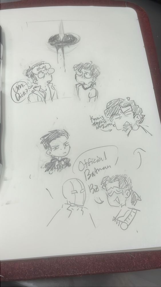 Various Pencil sketches of DC characters Jason Todd, Dick Grayson, Tim Drake, and Damian Wayne. One depicts Tim and Jason staring at an overhead lamp dripping out Blood, and another depicts Red Hood and Red Robin dressed up on “official Batman Biz” while Dick states on in horror. 