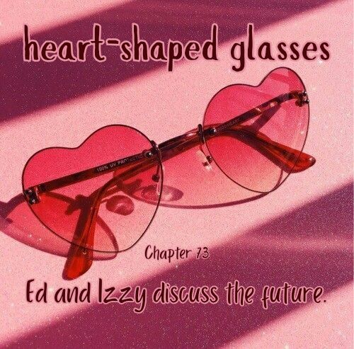 Pink heart shaped sunglasses on a striped pink background. 

heart shaped glasses
Chapter 73
Ed and Izzy discuss the future.