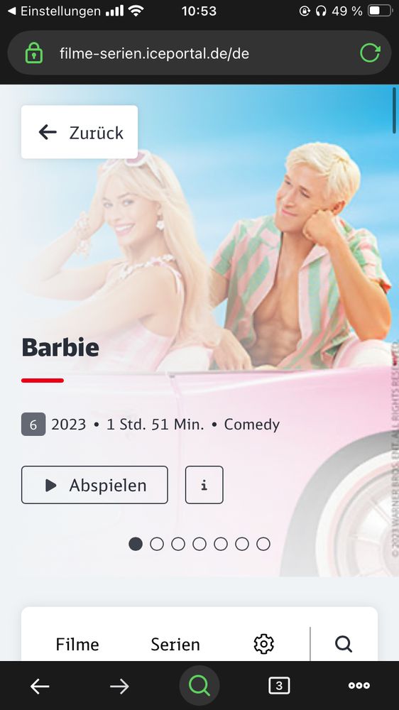 screenshot von iceportal.de. man kann barbie schauen! 