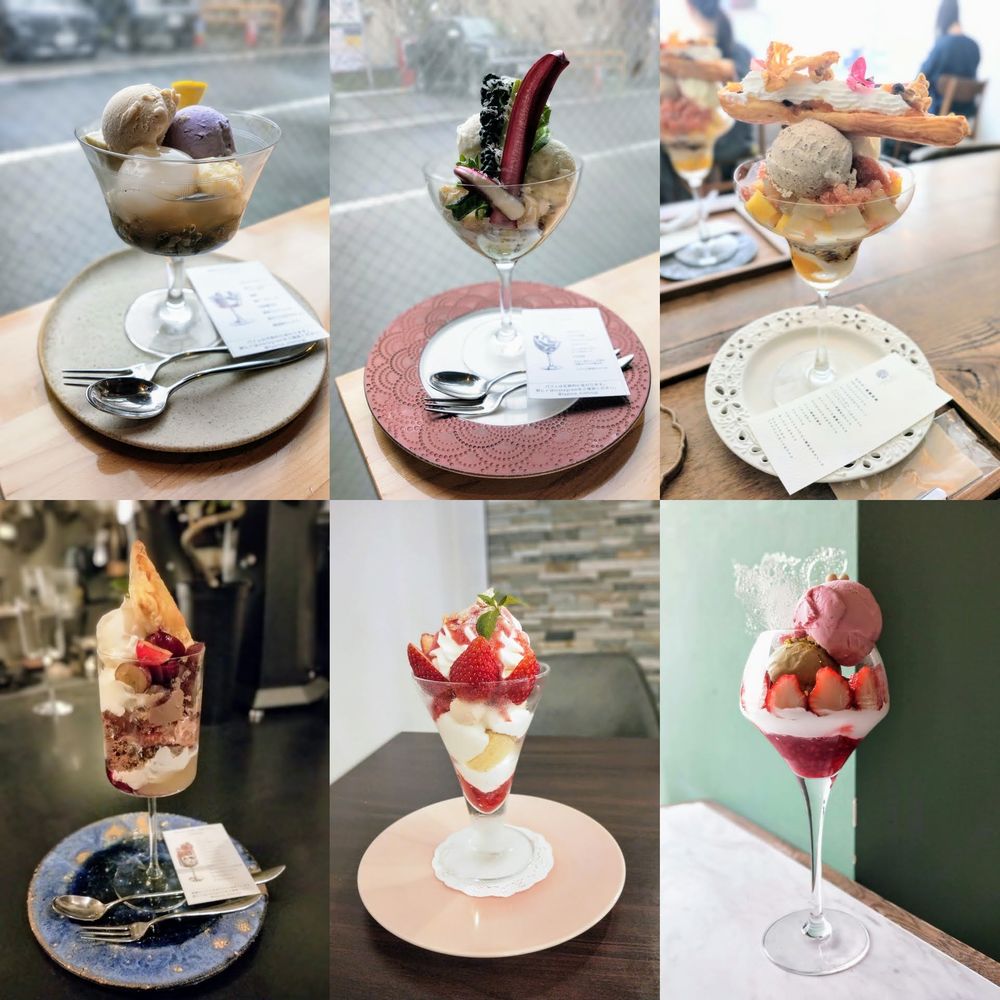 2025年4月〜6月に食べたパフェ。
左上から時計回りにTypicaさん、Typicaさん、金木犀茶店さん、Bit Dolce&Giftさん、SWEETS O'CLOCKさん、Typicaさん。
