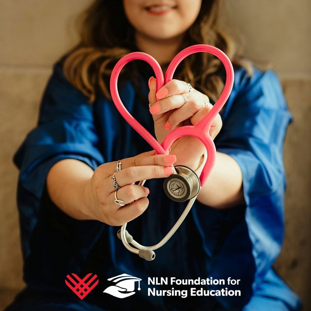 Nurse holds a stethoscope shaped into a heart with logos for Giving Tuesday and the NLN Foundation for Nursing Education visible.