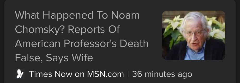 A Times Now headline reading "What Happened To Noam Chomsky? Reports Of American Professor's Death False, Says Wife"