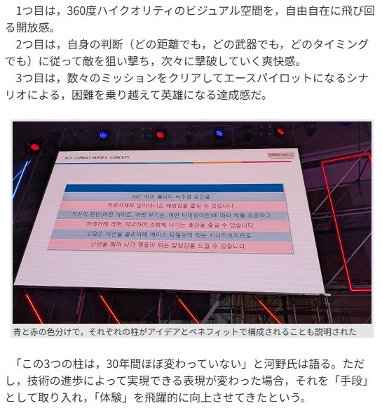 Original JP text
河野氏は，エースコンバットには3つの柱があると説明した。

　1つ目は，360度ハイクオリティのビジュアル空間を，自由自在に飛び回る開放感。
　2つ目は，自身の判断（どの距離でも，どの武器でも，どのタイミングでも）に従って敵を狙い撃ち，次々に撃破していく爽快感。
　3つ目は，数々のミッションをクリアしてエースパイロットになるシナリオによる，困難を乗り越えて英雄になる達成感だ。

「この3つの柱は，30年間ほぼ変わっていない」と河野氏は語る。ただし，技術の進歩によって実現できる表現が変わった場合，それを「手段」として取り入れ，「体験」を飛躍的に向上させてきたという。