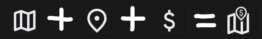 Map plus Pin plus Dollar Sign equals Dollar Sign Location on Map