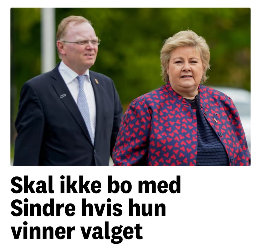 Skjermdump av nyhetssak. Saken sier: «Skal ikke bo med Sindre hvis hun vinner valget». Bildet i saken viser Sindre Finnes og Erna Solberg. 