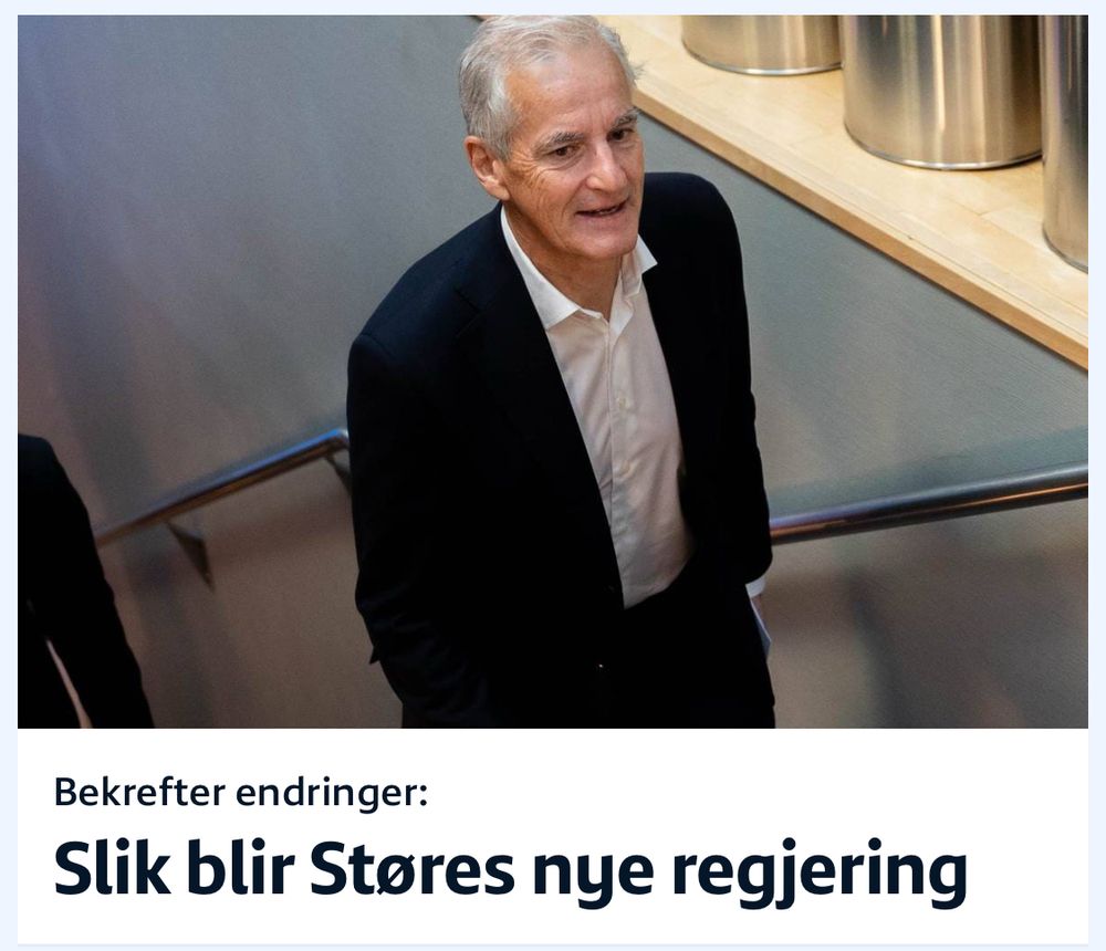Skjermdump av lenke til NRK-sak. Teksten i saken er:
Bekrefter endringer: Slik blir Støres nye regjering. Bildet i saken viser Jonas Gahr Støre på vei opp en trapp.