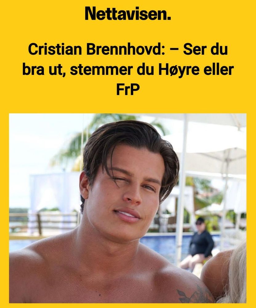 Skjermdump av Nettavisen-sak. Teksten i saken sier: Cristian Brennhovs: - Ser du bra ut, stemmer du Høyre eller FrP. Bildet i saken viser et bilde av fyren.